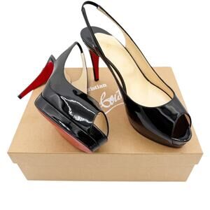 Christian Louboutin Black Patent Leather Peep Toe Slingback Heels Size 40 US 10